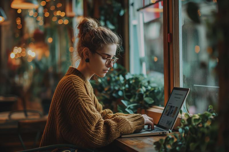 A woman working on a laptop at a window seat in a cosy café