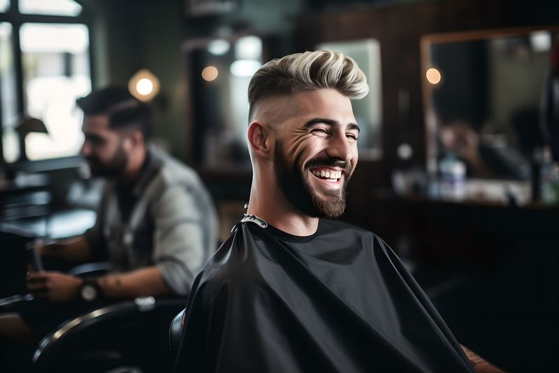 A happy client smiling in the barber’s chair after a fresh haircut