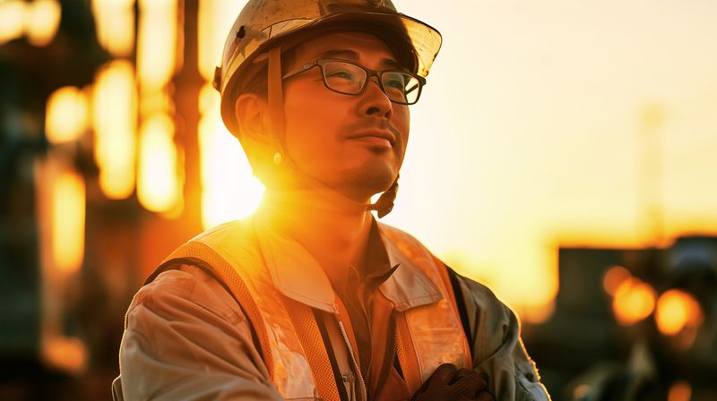 A smiling builder in a hard hat and hi-vis on site at sunset
