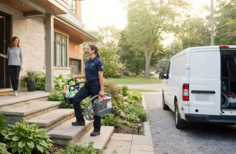 A cleaner arriving at a client’s front door with her kit, her work van parked on the drive