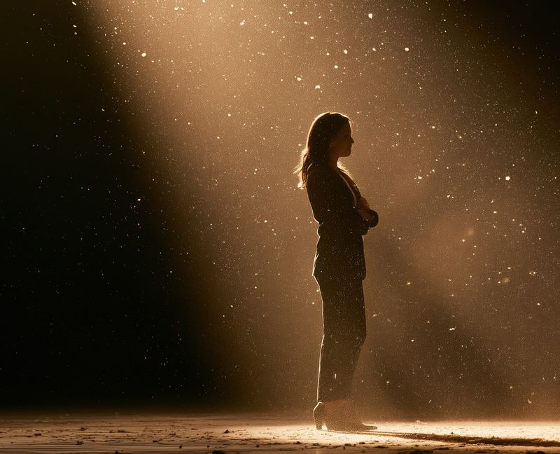 A woman standing in a beam of light on a dark stage