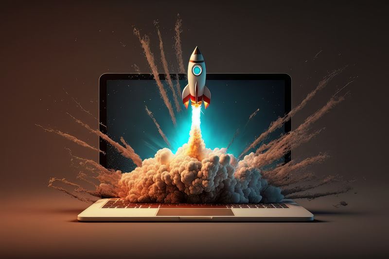 A rocket launching out of a laptop screen, a symbol of marketing taking off