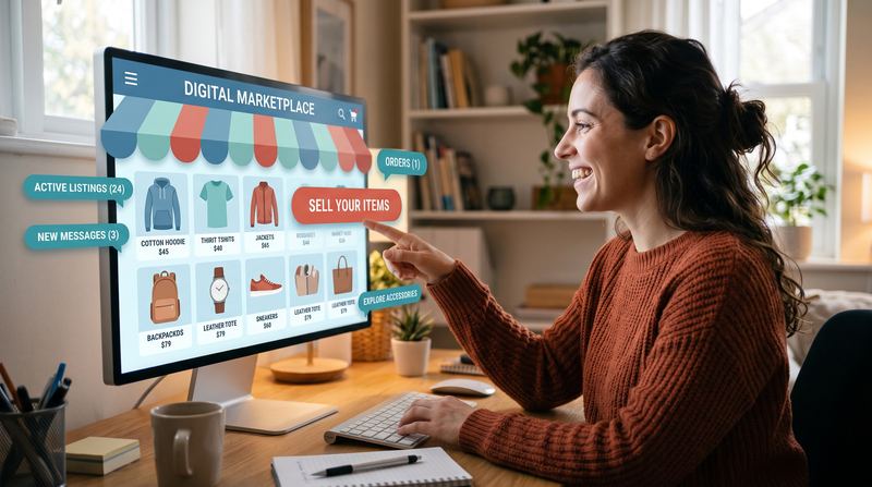 A smiling online seller pointing at her digital marketplace shop on a computer screen