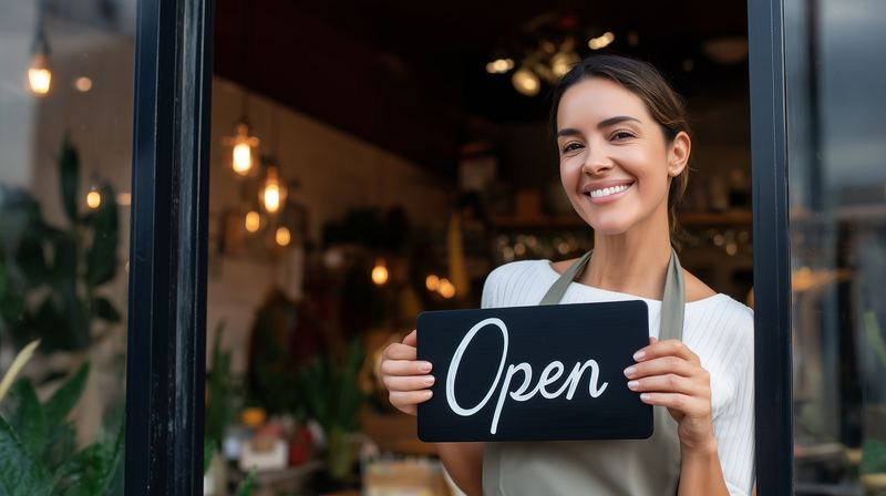 A smiling shop owner holding an ‘Open’ sign in her doorway